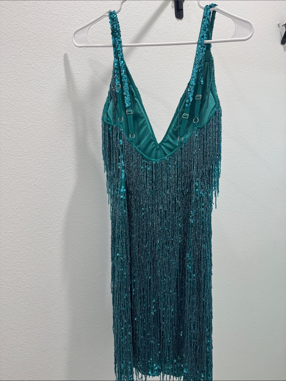 Teal Sequin Fringe V-Neck Mini Dress - Picture 5 of 5